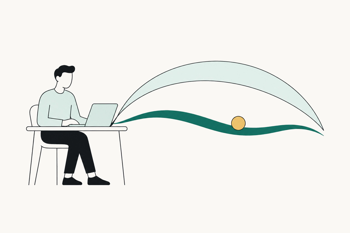A founder working at a laptop, with a protective arc over a small stream of income