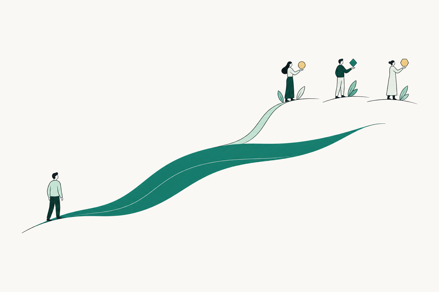 A founder at the start of a rising path of income, with a thin share of it flowing up to three investors