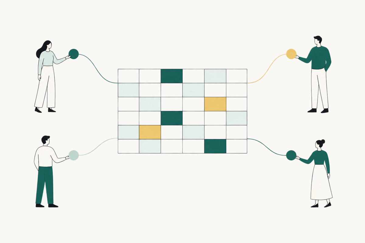 Four investors around a ledger grid, each linked to it by a thin ribbon ending in a token